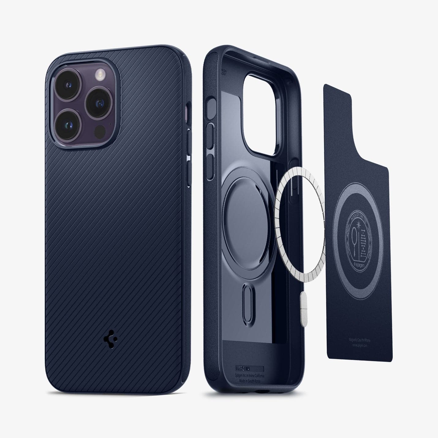 ACS04990 - iPhone 14 Pro Case Mag Armor (MagFit) in navy blue showing the back and inside with mag layers