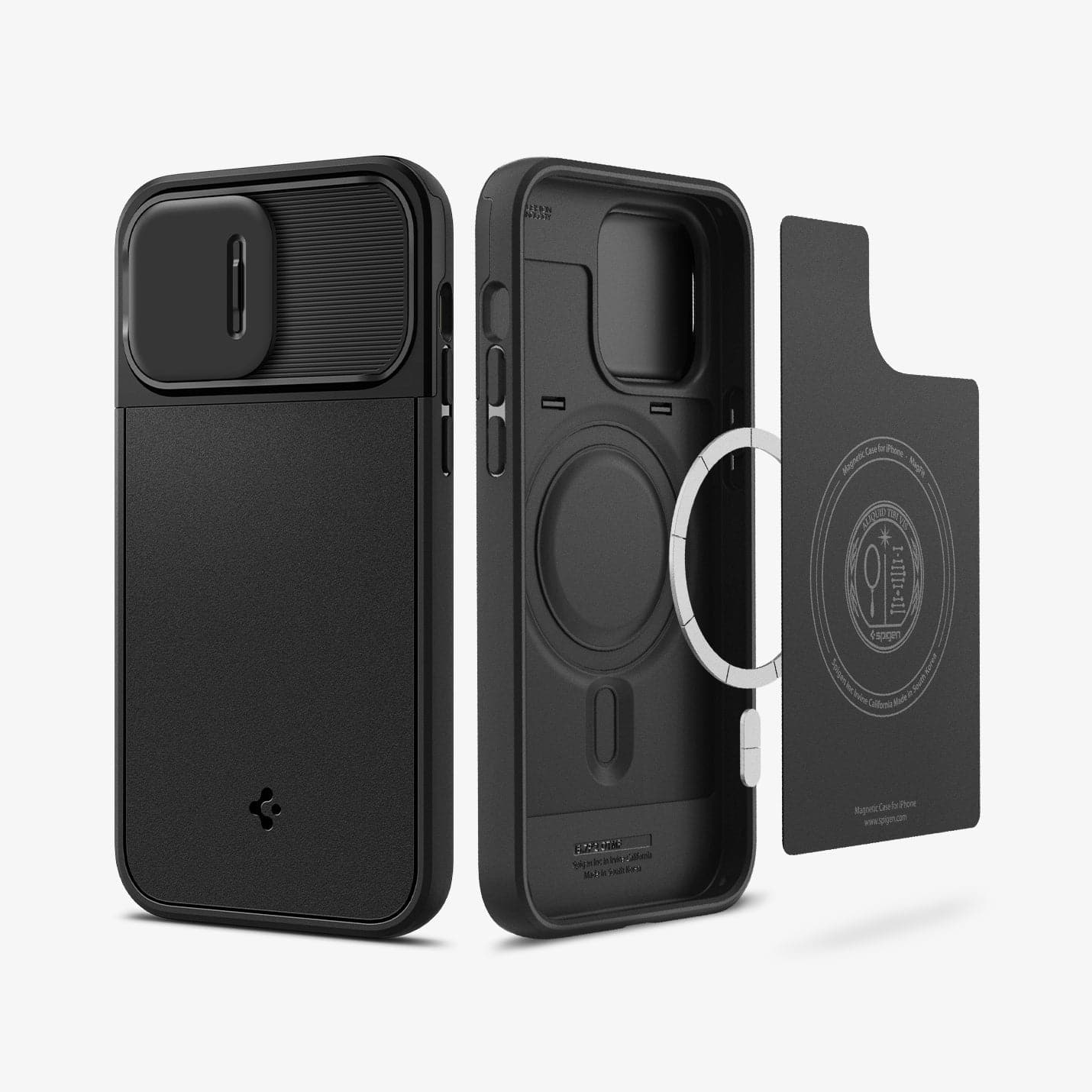 ACS04848 - iPhone 14 Pro Max Case Optik Armor (MagFit) in black showing the back and inside of case with magnetic ring layers