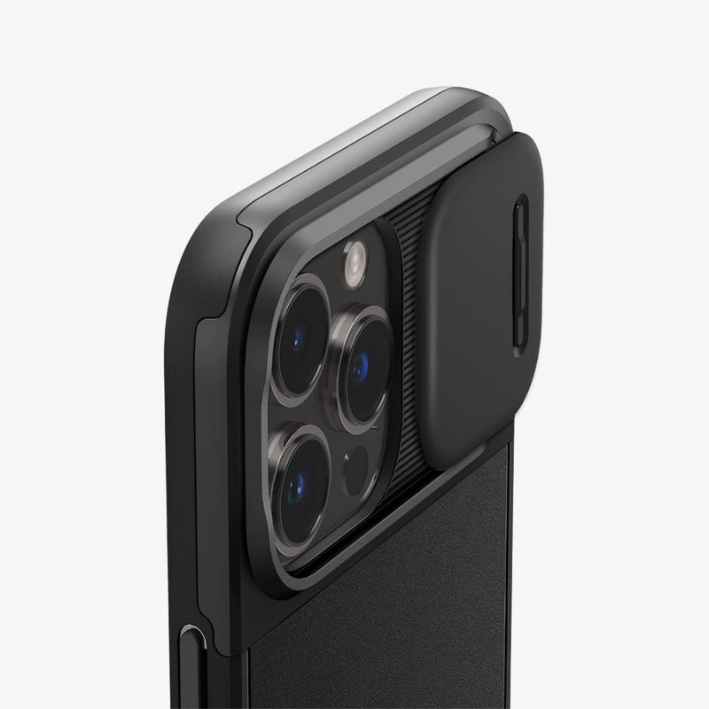 ACS04848 - iPhone 14 Pro Max Case Optik Armor (MagFit) in black showing the back zoomed in on camera lens with optik lens slot open