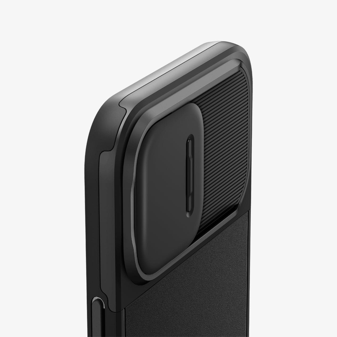 ACS04848 - iPhone 14 Pro Max Case Optik Armor (MagFit) in black showing the back, top and side zoomed in on camera lens with optik lens slot closed