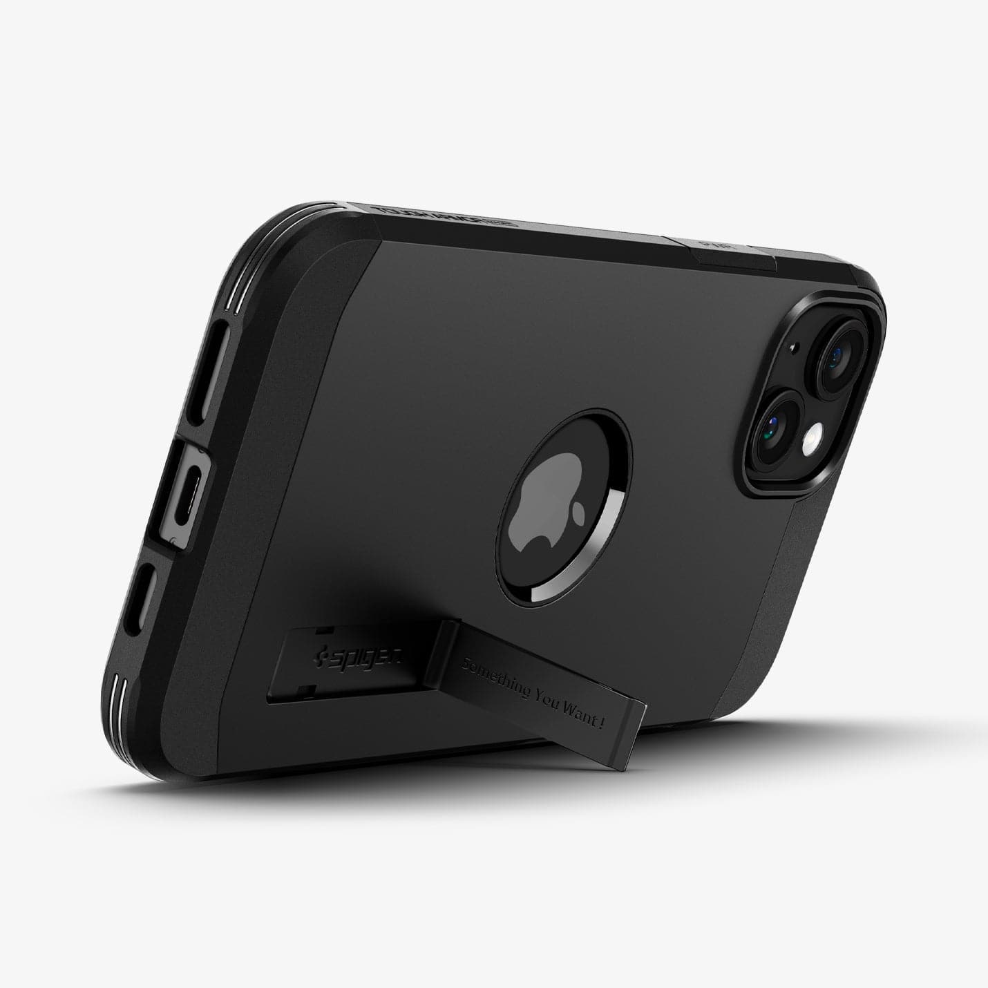 ACS06669 - iPhone 15 Plus Case Tough Armor (MagFit) in black showing the back with device propped up by built in kickstand