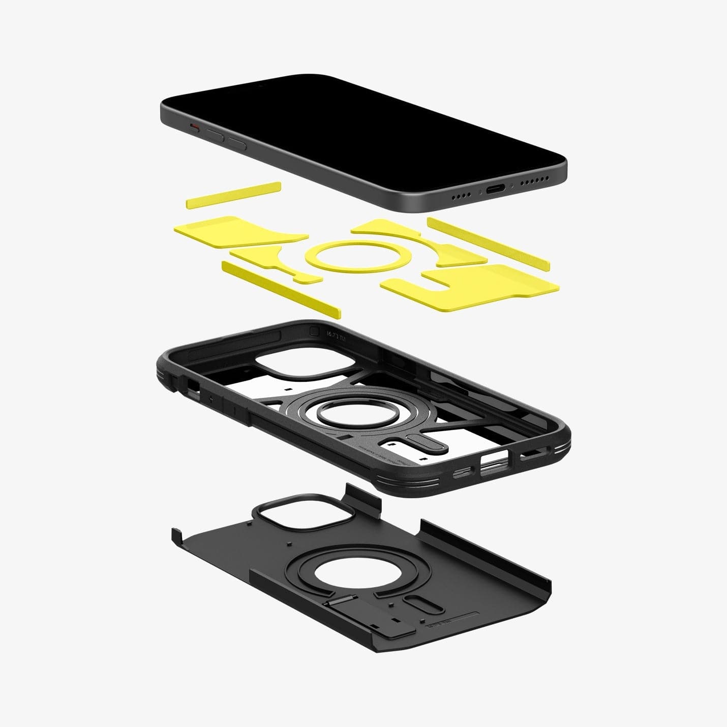 ACS06669 - iPhone 15 Plus Case Tough Armor (MagFit) in black showing the hard pc, soft tpu, impact foam and device