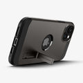 ACS06668 - iPhone 15 Plus Case Tough Armor (MagFit) in gunmetal showing the back with device propped up by built in kickstand