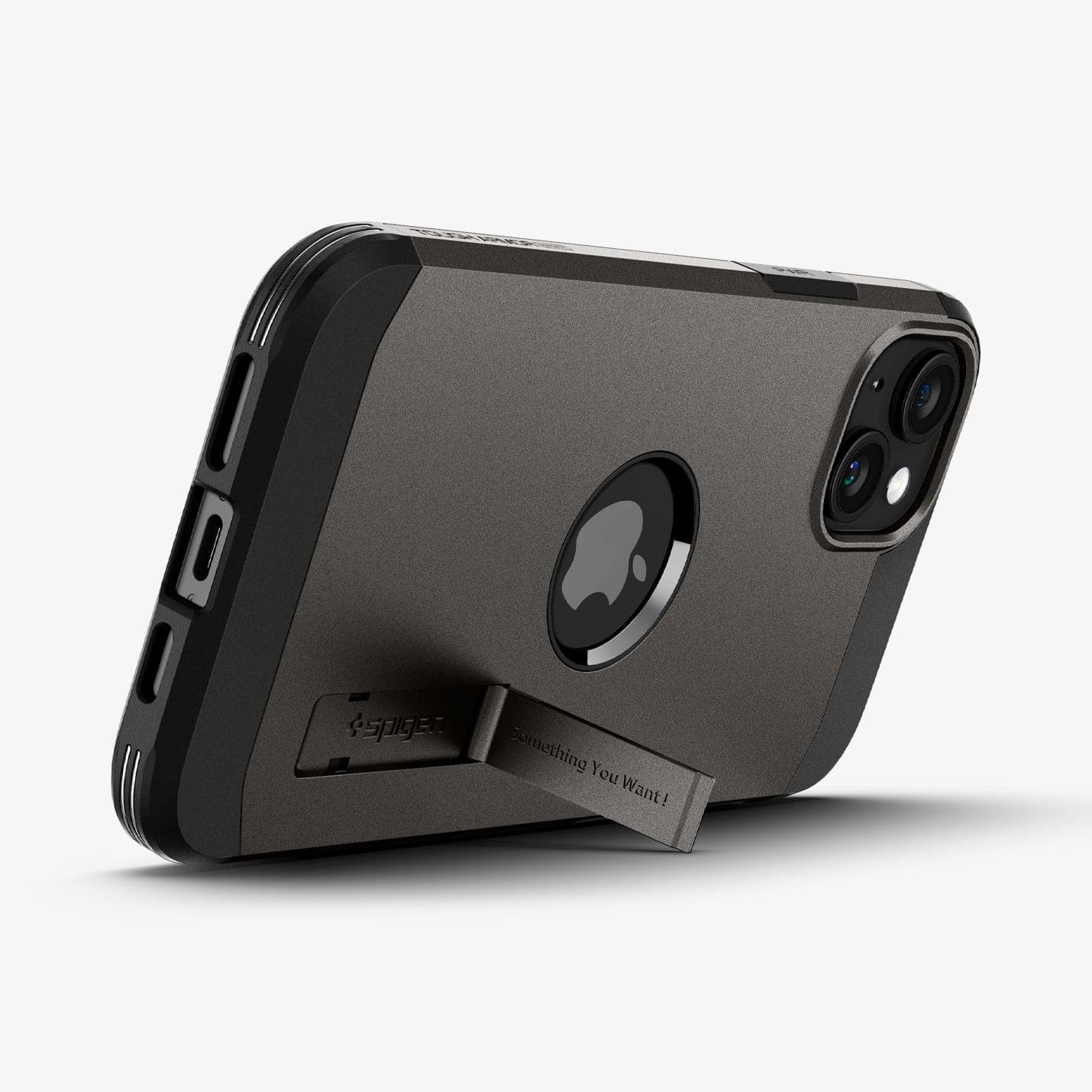 ACS06668 - iPhone 15 Plus Case Tough Armor (MagFit) in gunmetal showing the back with device propped up by built in kickstand
