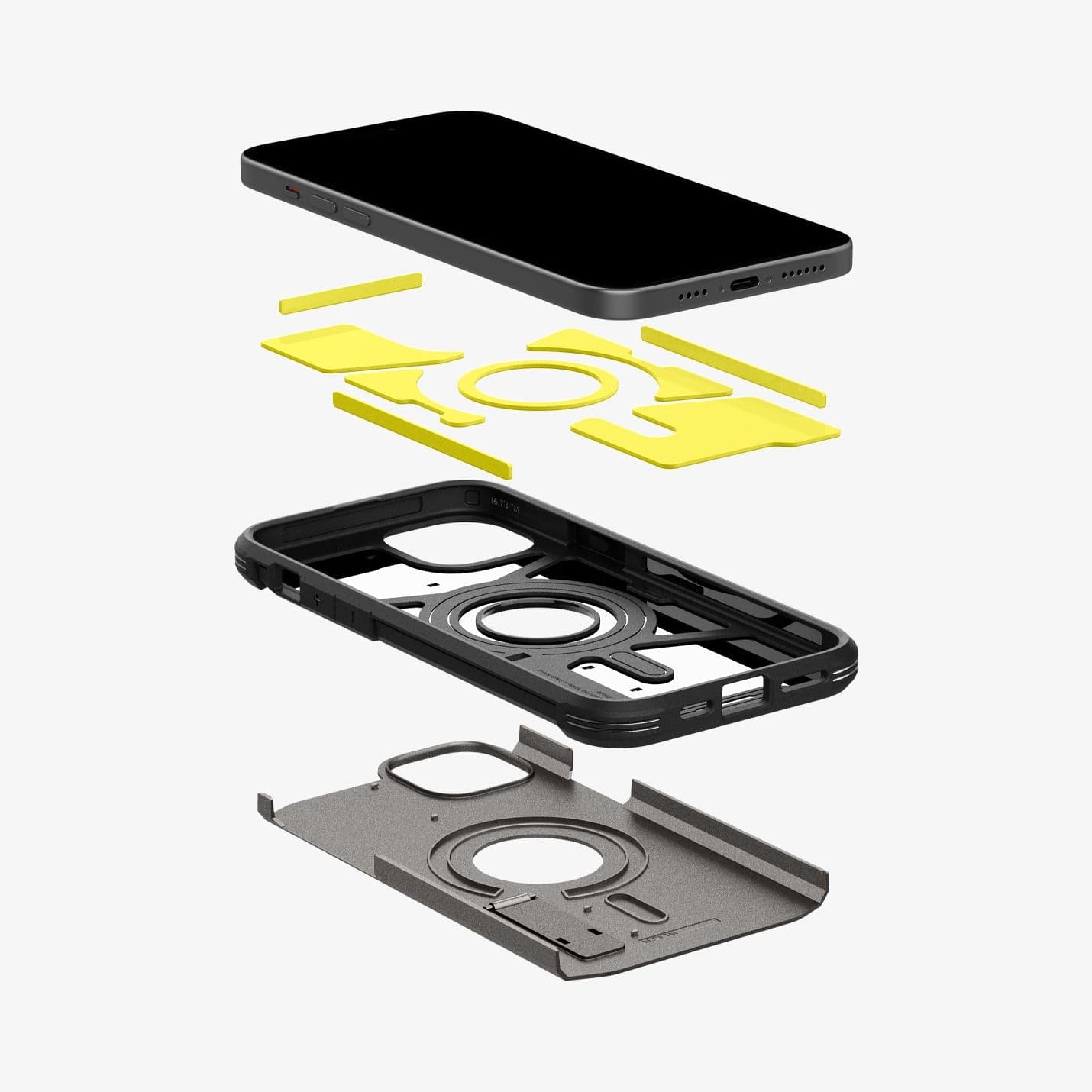 ACS06668 - iPhone 15 Plus Case Tough Armor (MagFit) in gunmetal showing the hard pc, soft tpu, impact foam and device