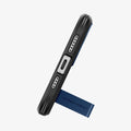 ACS06670 - iPhone 15 Plus Case Tough Armor (MagFit) in navy blue showing the bottom with device propped up by built in kickstand