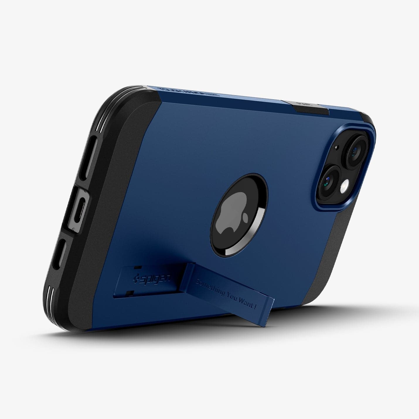 ACS06670 - iPhone 15 Plus Case Tough Armor (MagFit) in navy blue showing the back with device propped up by built in kickstand