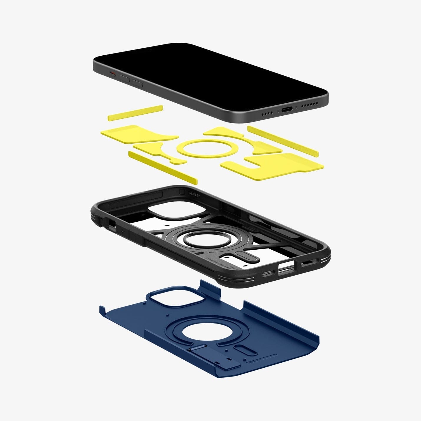 ACS06670 - iPhone 15 Plus Case Tough Armor (MagFit) in navy blue showing the hard pc, soft tpu, impact foam and device