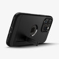 ACS06733 - iPhone 15 Pro Case Tough Armor (MagFit) in black showing the back with device propped up by built in kickstand