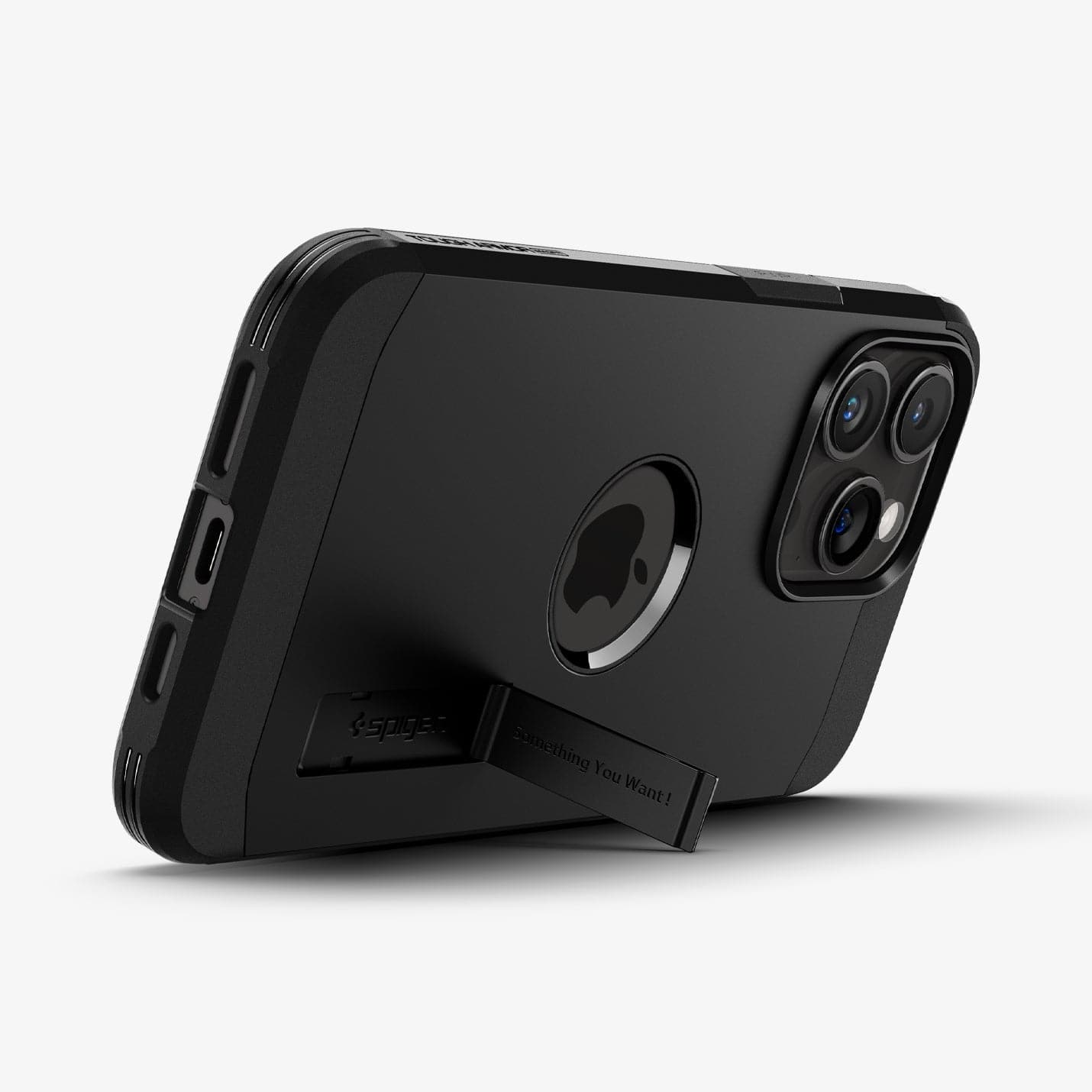 ACS06733 - iPhone 15 Pro Case Tough Armor (MagFit) in black showing the back with device propped up by built in kickstand