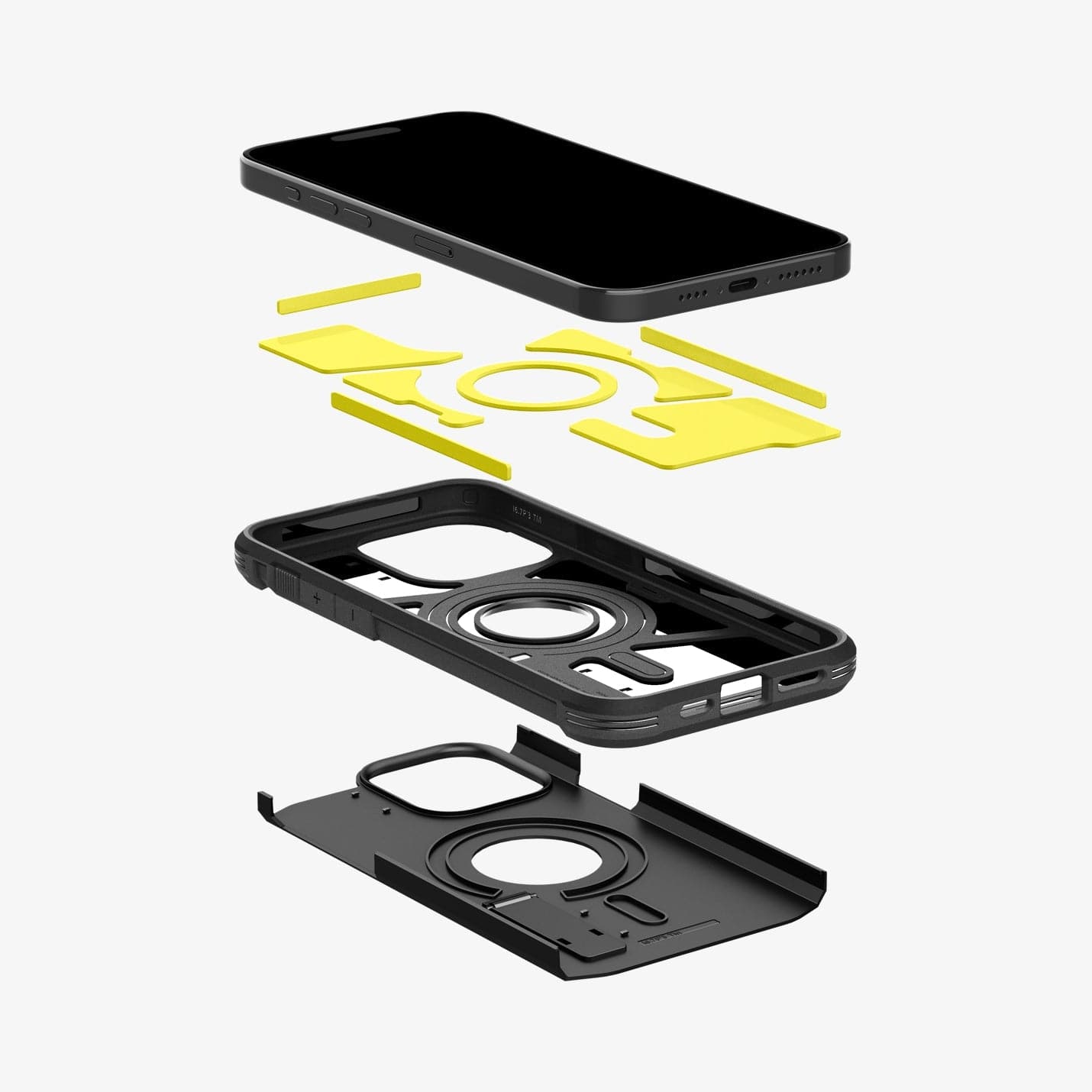 ACS06733 - iPhone 15 Pro Case Tough Armor (MagFit) in black showing the hard pc, soft tpu, impact foam and device