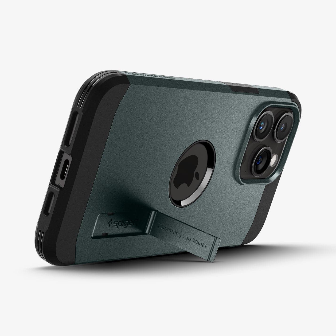 ACS06735 - iPhone 15 Pro Case Tough Armor (MagFit) in abyss green showing the back with device propped up by built in kickstand