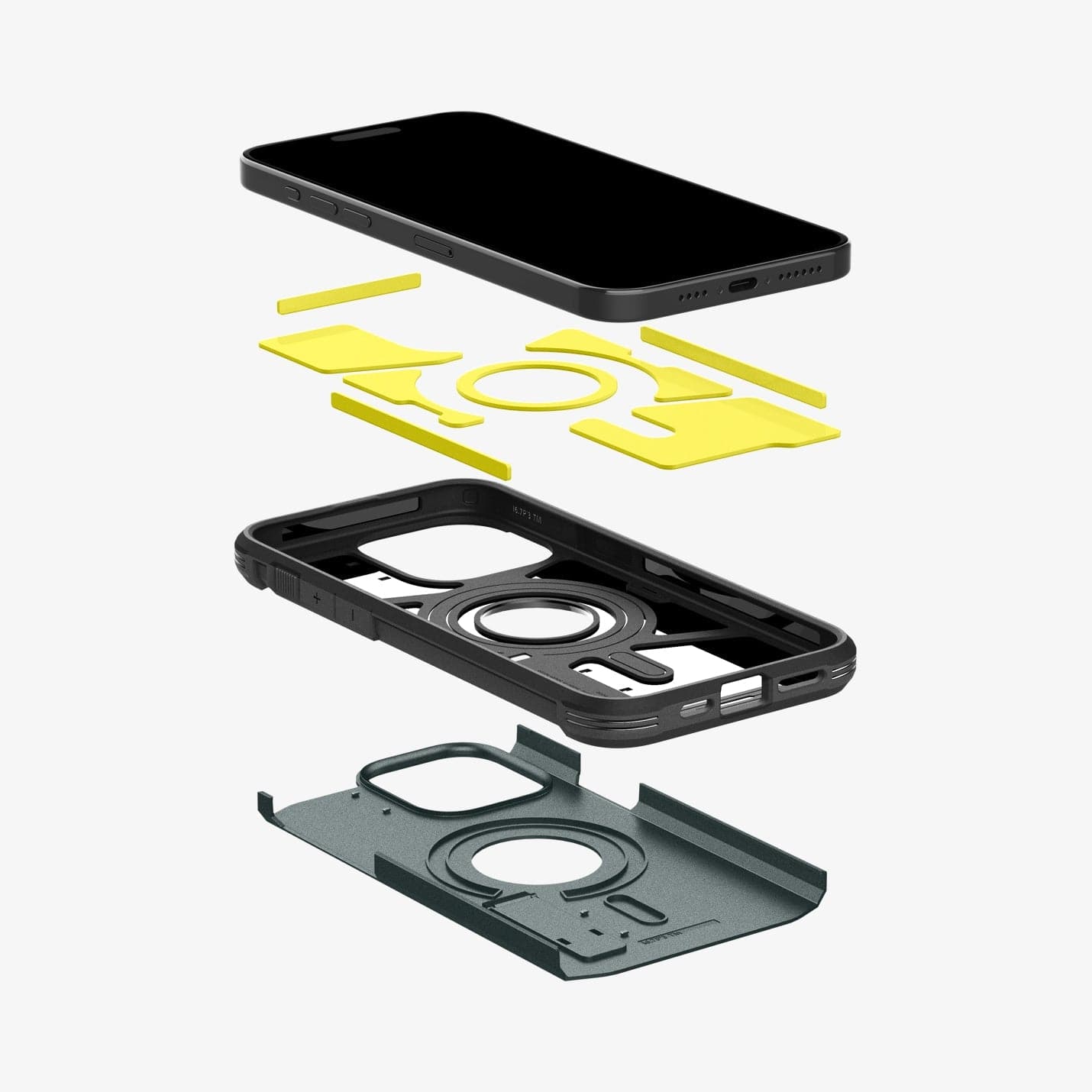 ACS06735 - iPhone 15 Pro Case Tough Armor (MagFit) in abyss green showing the hard pc, soft tpu, impact foam and device
