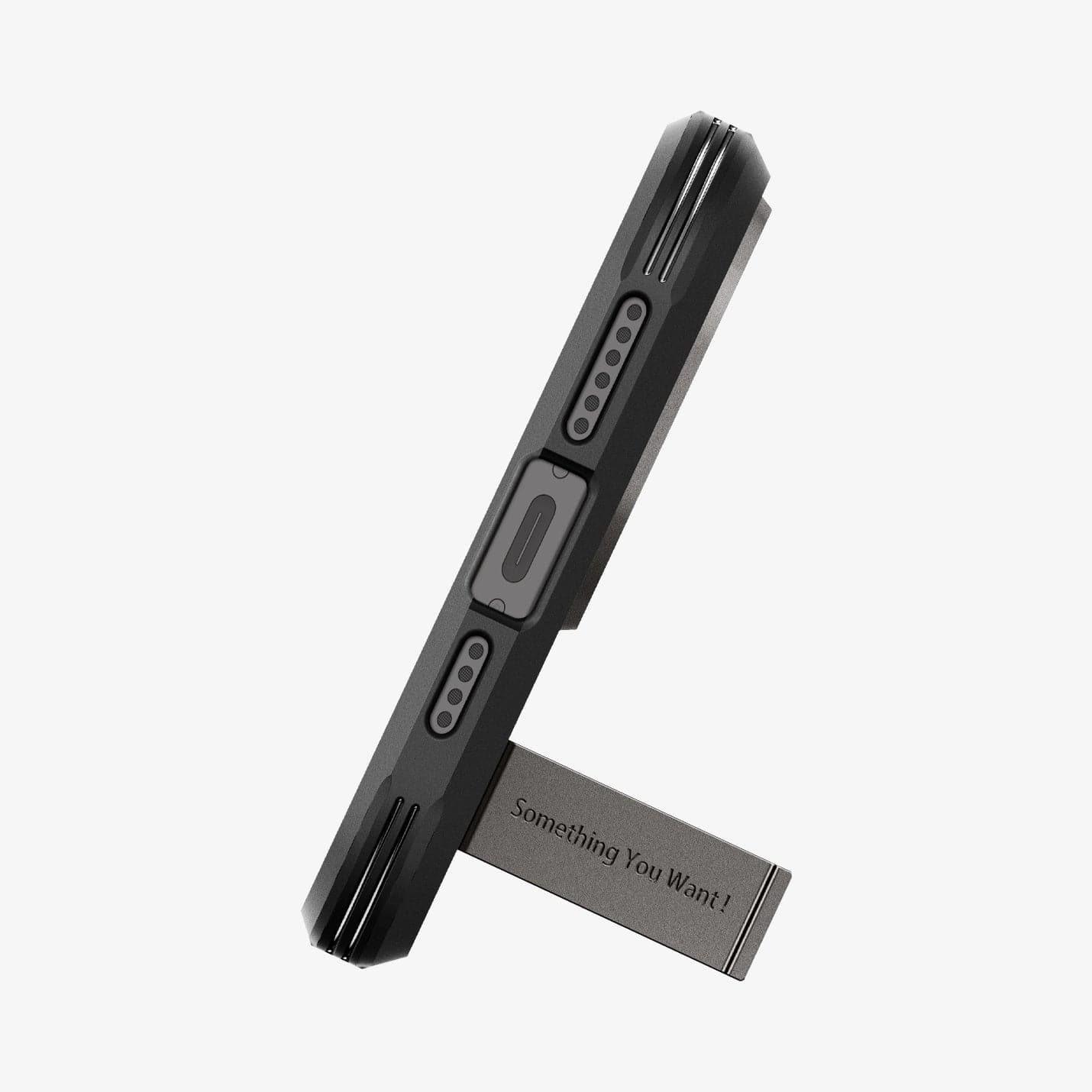 ACS06732 - iPhone 15 Pro Case Tough Armor (MagFit) in gunmetal showing the bottom with device propped up by built in kickstand