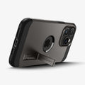 ACS06732 - iPhone 15 Pro Case Tough Armor (MagFit) in gunmetal showing the back with device propped up by built in kickstand
