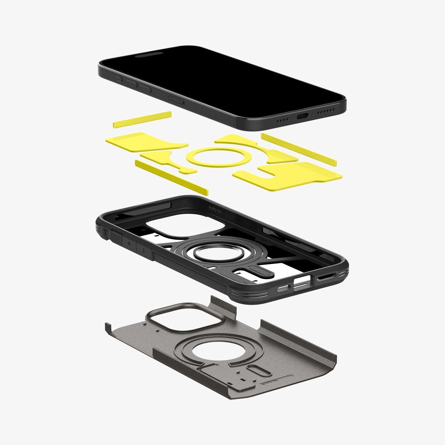 ACS06732 - iPhone 15 Pro Case Tough Armor (MagFit) in gunmetal showing the hard pc, soft tpu, impact foam and device