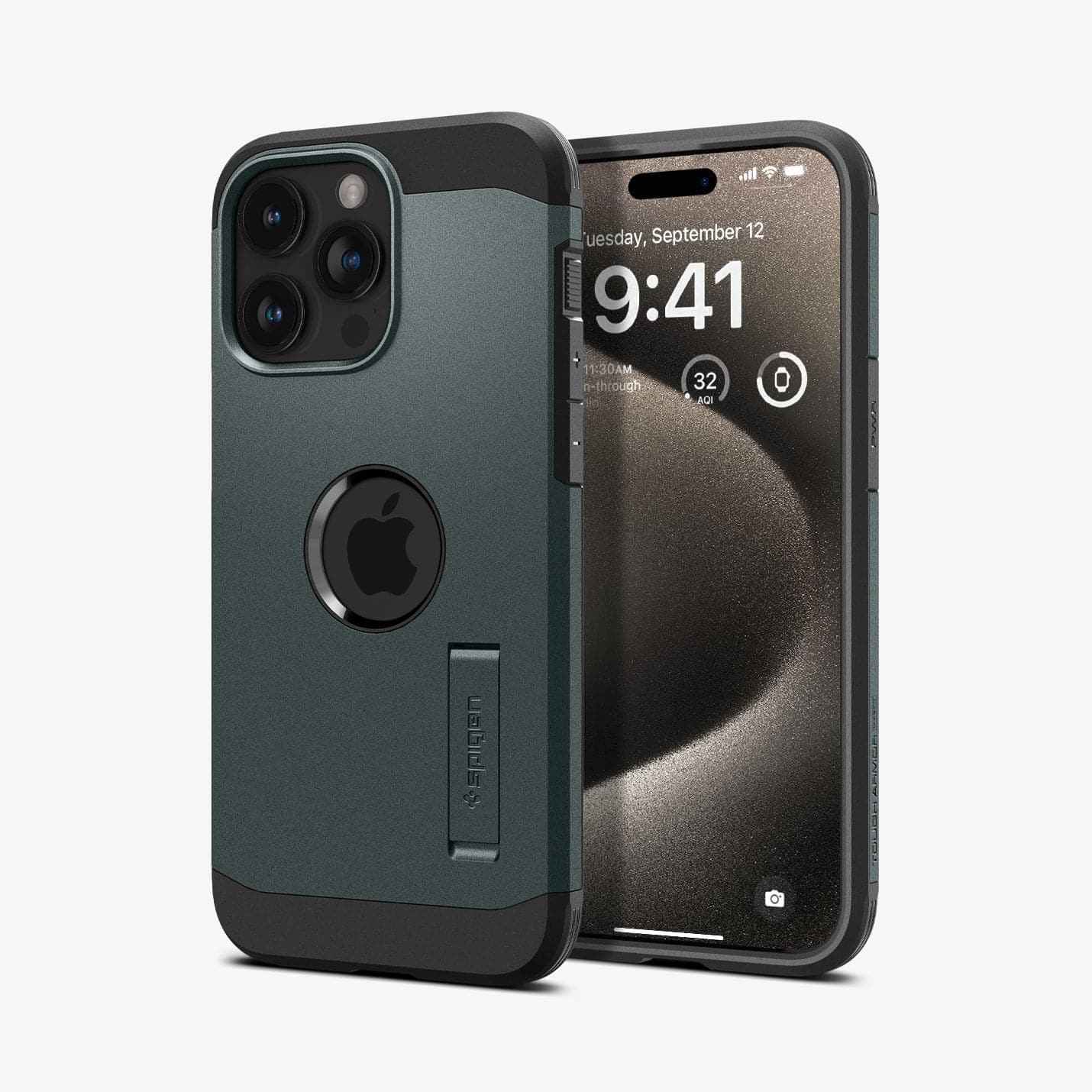 ACS06596 - iPhone 15 Pro Max Case Tough Armor (MagFit) in abyss green showing the back and front