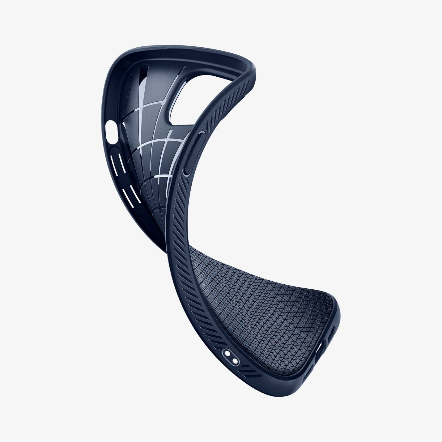 ACS06791 - iPhone 15 Case Liquid Air in navy blue showing the case bending to show the flexibility
