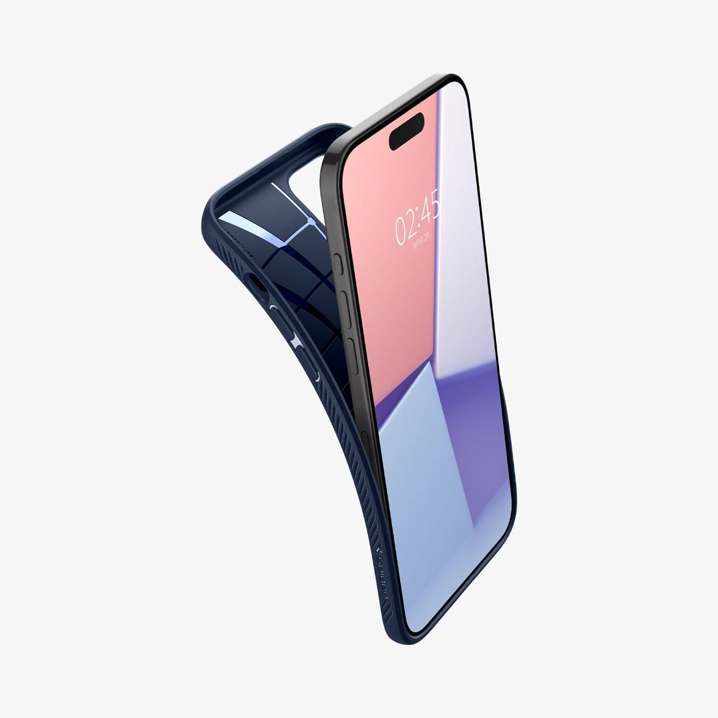 ACS06705 - iPhone 15 Pro Case Liquid Air in navy blue showing the case bending away from device to show the flexibility