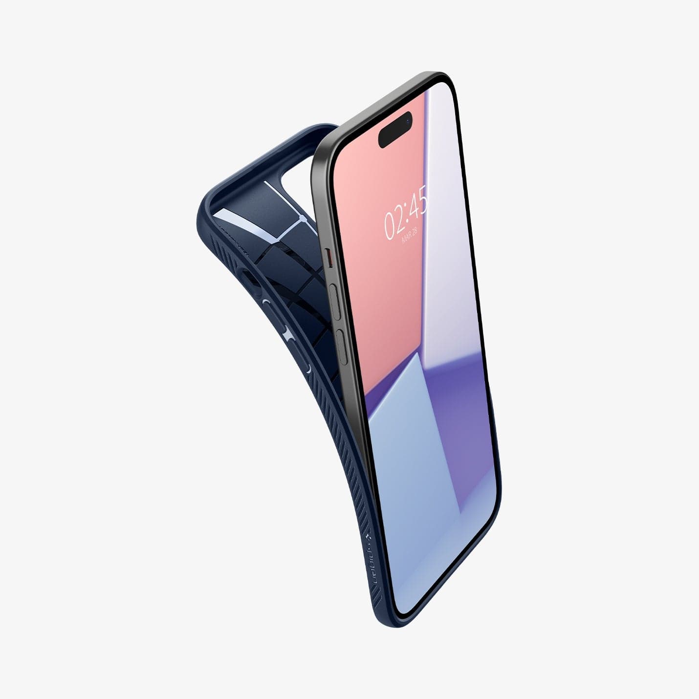 ACS06651 - iPhone 15 Plus Case Liquid Air in navy blue showing the case bending away from the device to show the flexibility