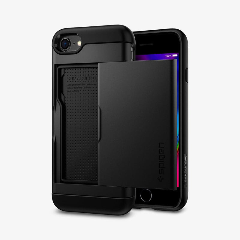 042CS20455 - iPhone 7 Series Slim Armor CS Case in Black showing the back with card slider out, another one behind showing front