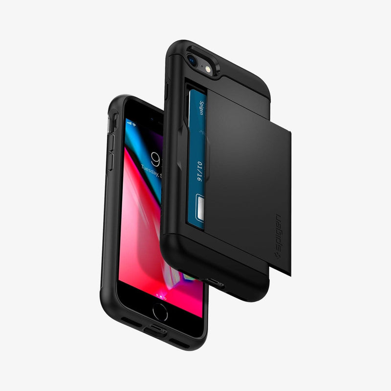 042CS20455 - iPhone 8 Series Slim Armor CS Case in Black showing the back with slider slightly open with card inside, hovering above another, showing front