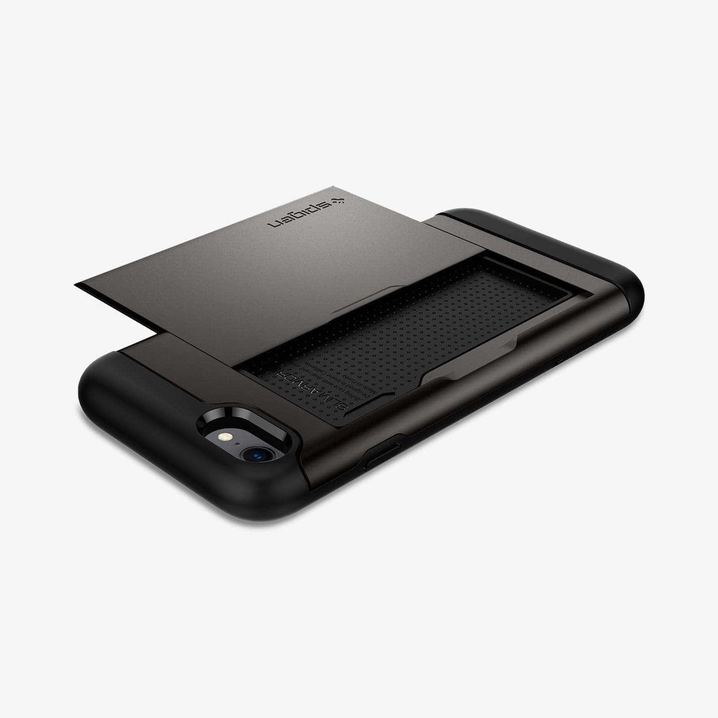 042CS20453 - iPhone 7 Series Slim Armor CS Case in Gunmetal showing the back with card slider out, flat