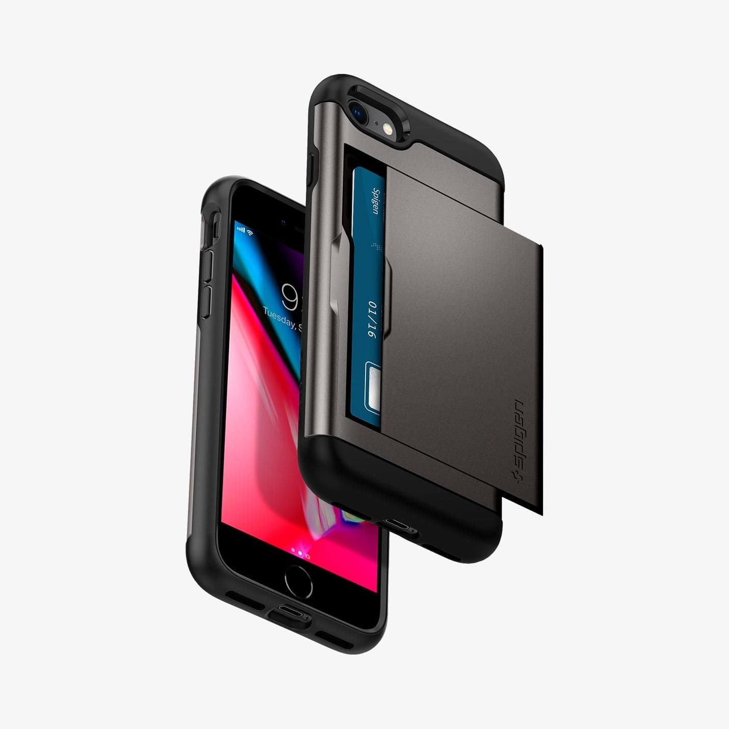 042CS20453 - iPhone 7 Series Slim Armor CS Case in Gunmetal showing the back with slider slightly open with card inside, hovering above another, showing front