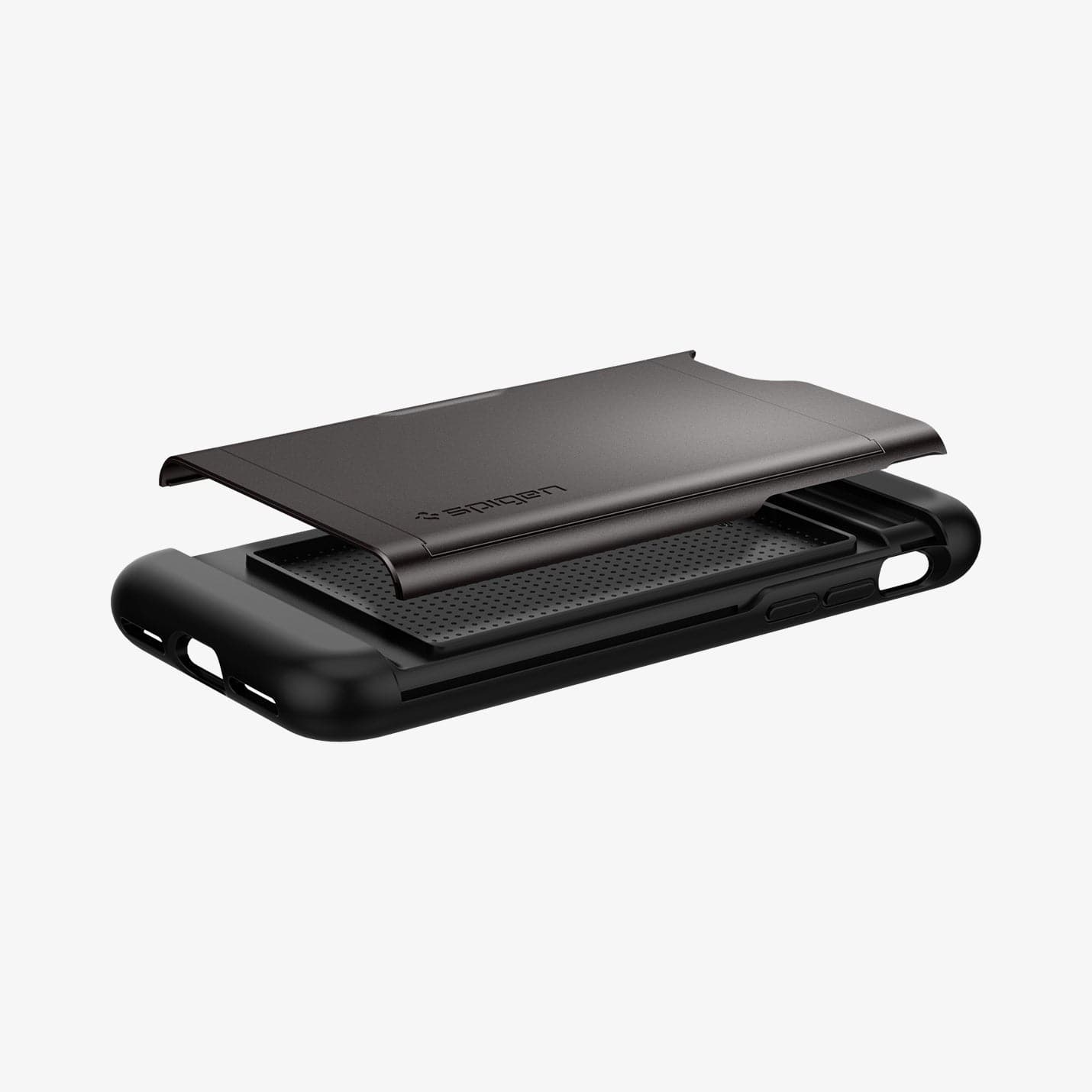 042CS20453 - iPhone 7 Series Slim Armor CS Case in Gunmetal showing the back cover hovering above the back case