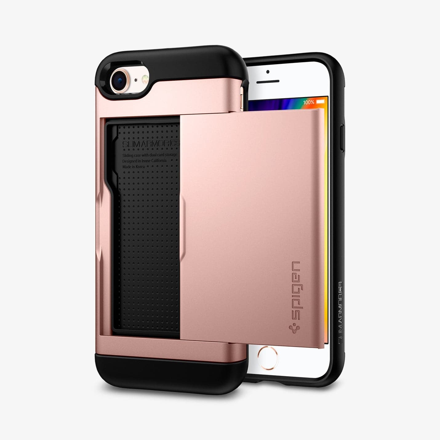 042CS20454 - iPhone 7 Series Slim Armor CS Case in Rose Gold showing the back with card slider out, another one behind showing front