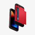 042CS21725 - iPhone 7 Series Slim Armor CS Case in Red showing the back with slider slightly open with card inside, hovering above another, showing front