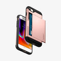 042CS20454 - iPhone 7 Series Slim Armor CS Case in Rose Gold showing the back with slider slightly open with card inside, hovering above another, showing front