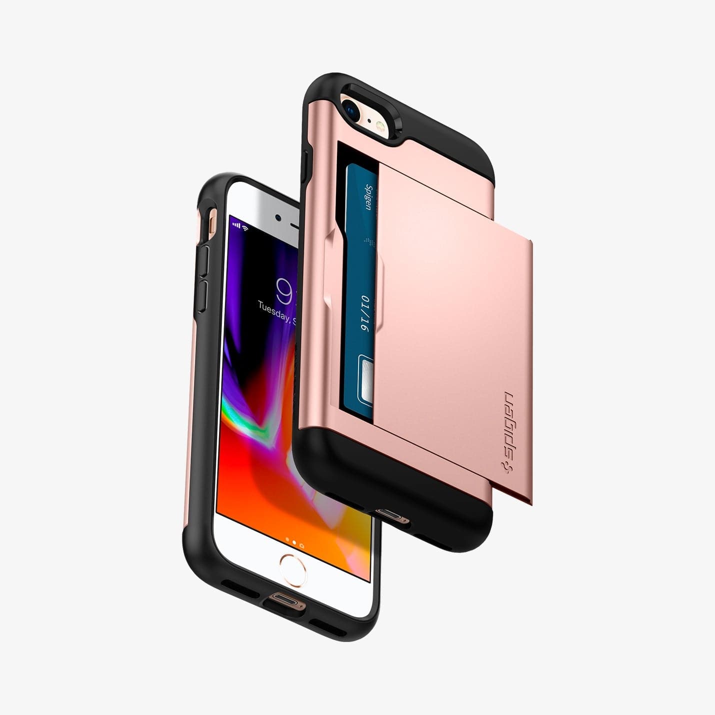042CS20454 - iPhone 7 Series Slim Armor CS Case in Rose Gold showing the back with slider slightly open with card inside, hovering above another, showing front