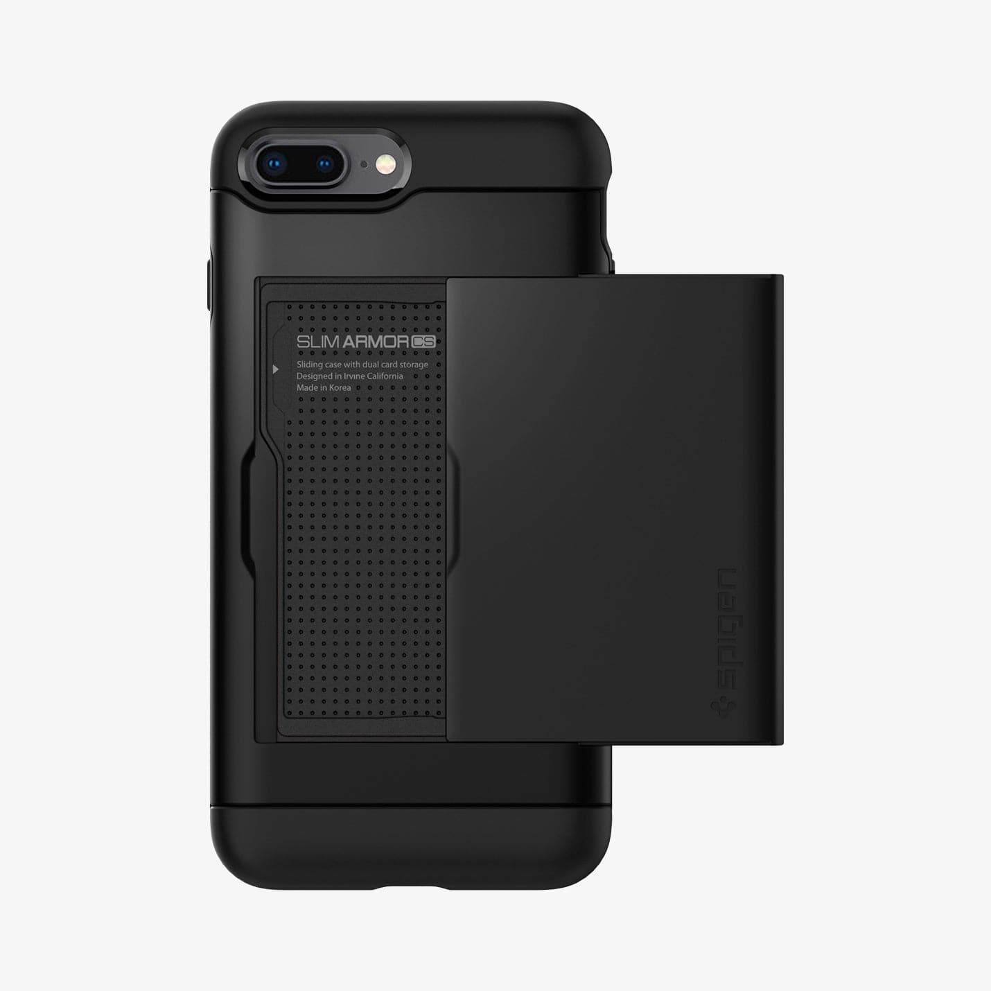 043CS20528 - iPhone 7 Series Slim Armor CS Case in Black showing the back with card slider out