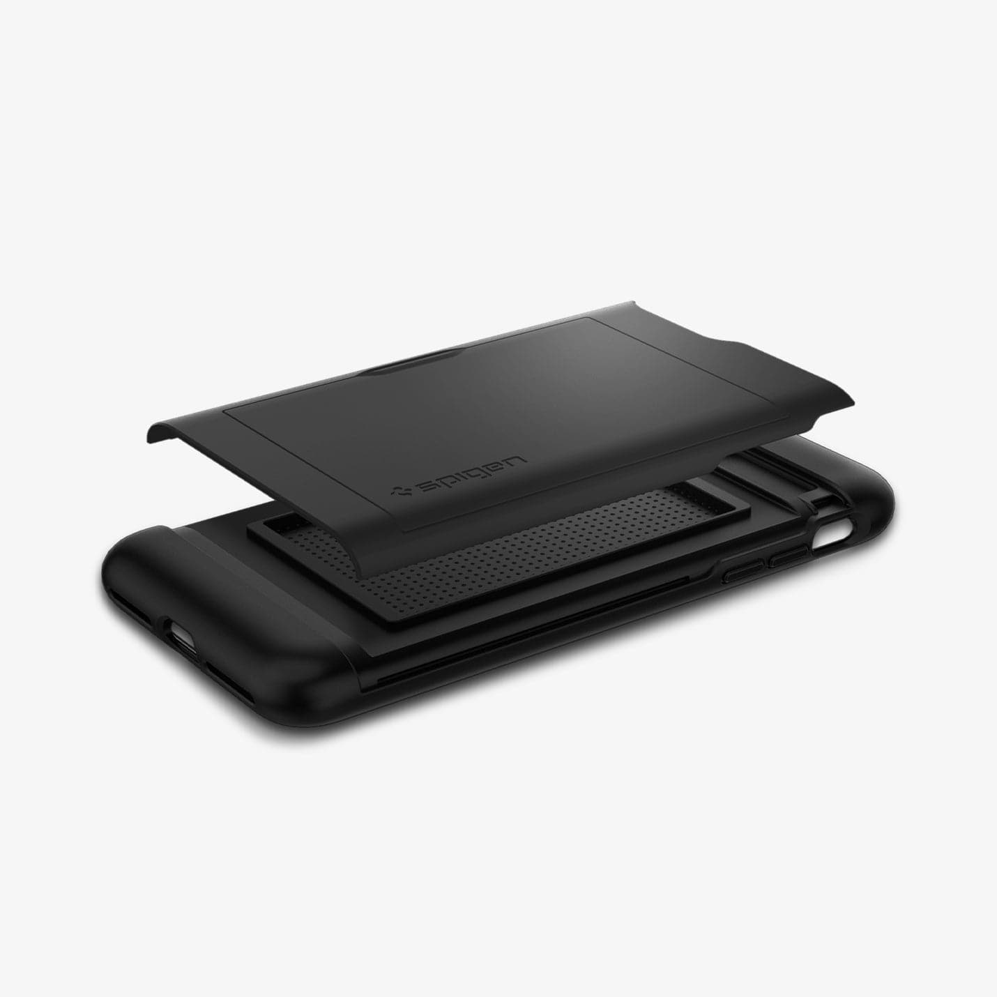 043CS20528 - iPhone 7 Series Slim Armor CS Case in Black showing the back cover hovering above the back case