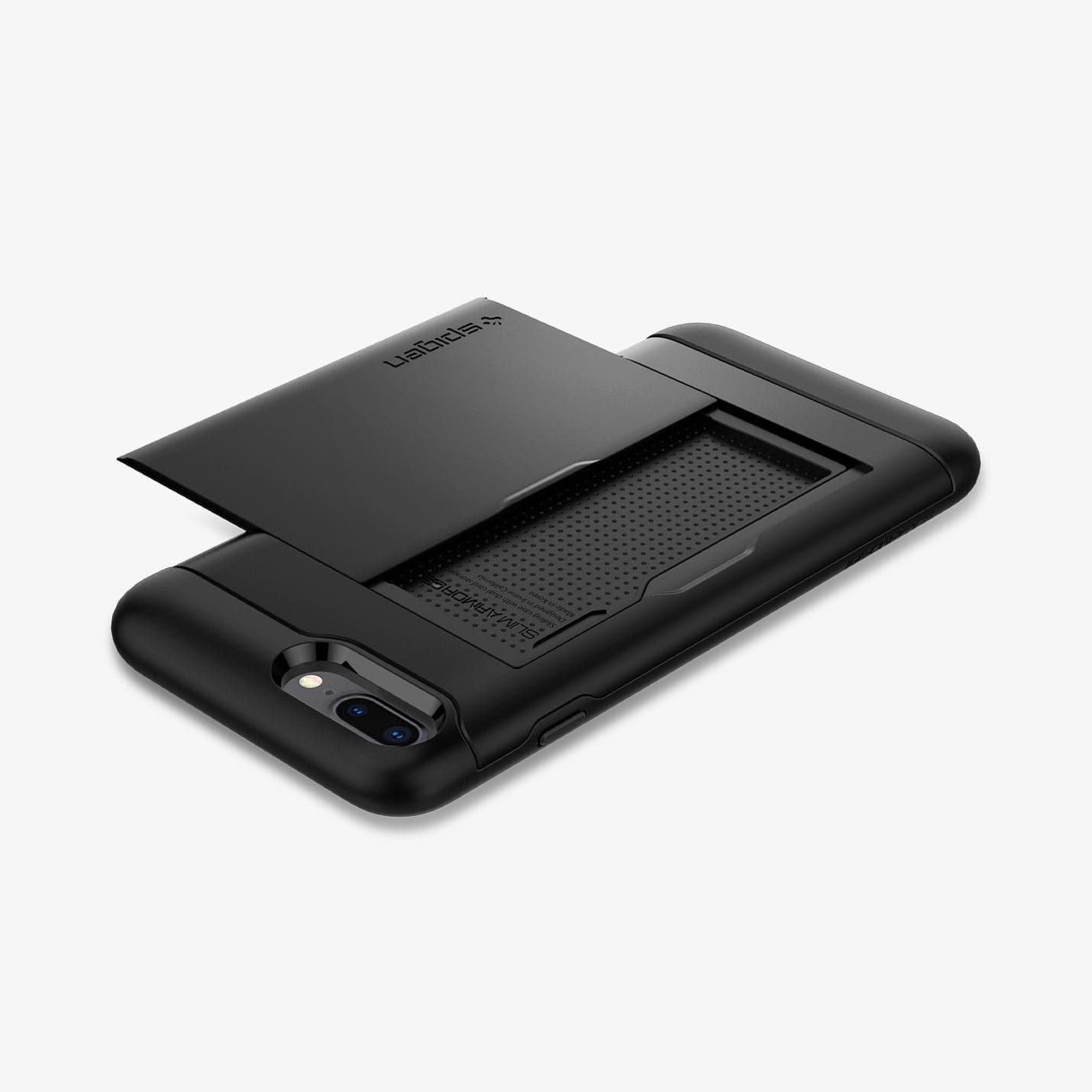043CS20528 - iPhone 7 Series Slim Armor CS Case in Black showing the back with card slider out, flat