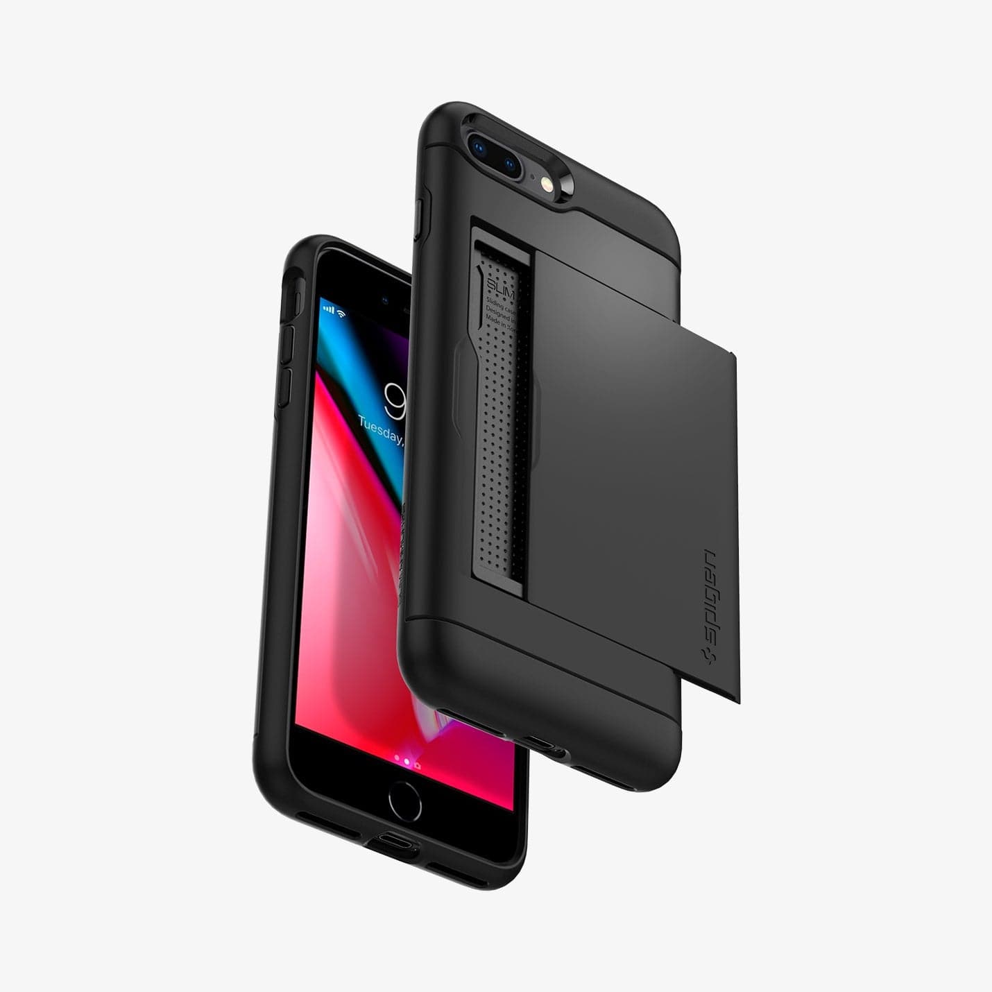 043CS20528 - iPhone 7 Series Slim Armor CS Case in Black showing the back with slider slightly open, hovering above another, showing front