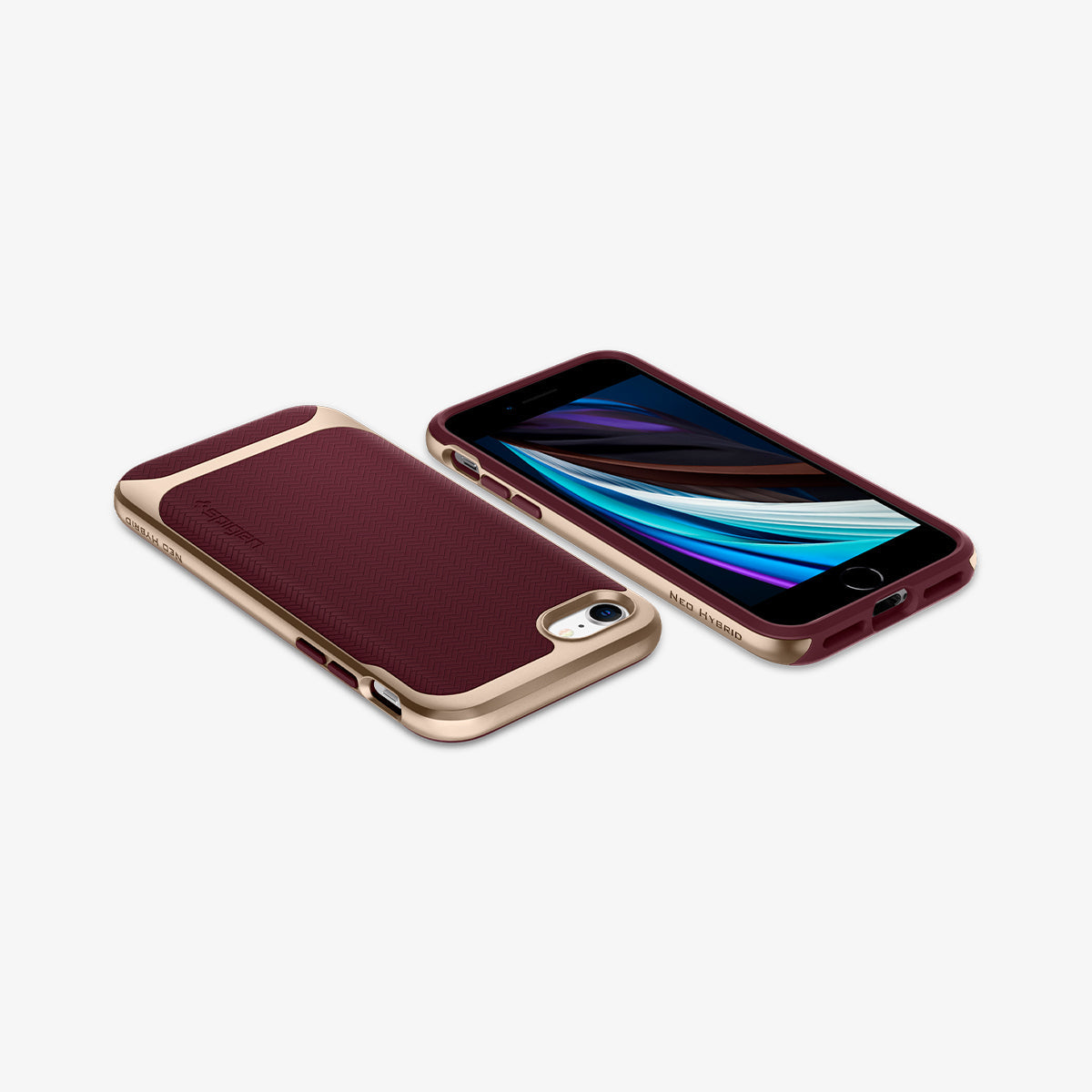 054CS22198 - iPhone SE Neo Hybrid Herringbone case in burgundy showing the back and front laying flat