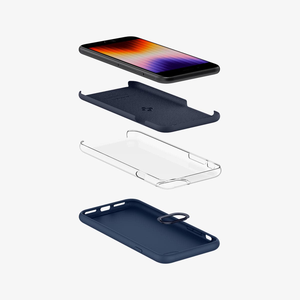 ACS04350 - iPhone 8 Series Silicone Fit Case in Navy Blue showing the device hovering 2 layers of hard inner cases and back case with camera guard