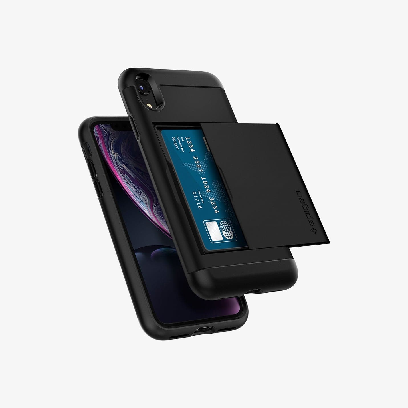 064CS24882 - iPhone XR Case Slim Armor CS in black showing the back and front with card in slot