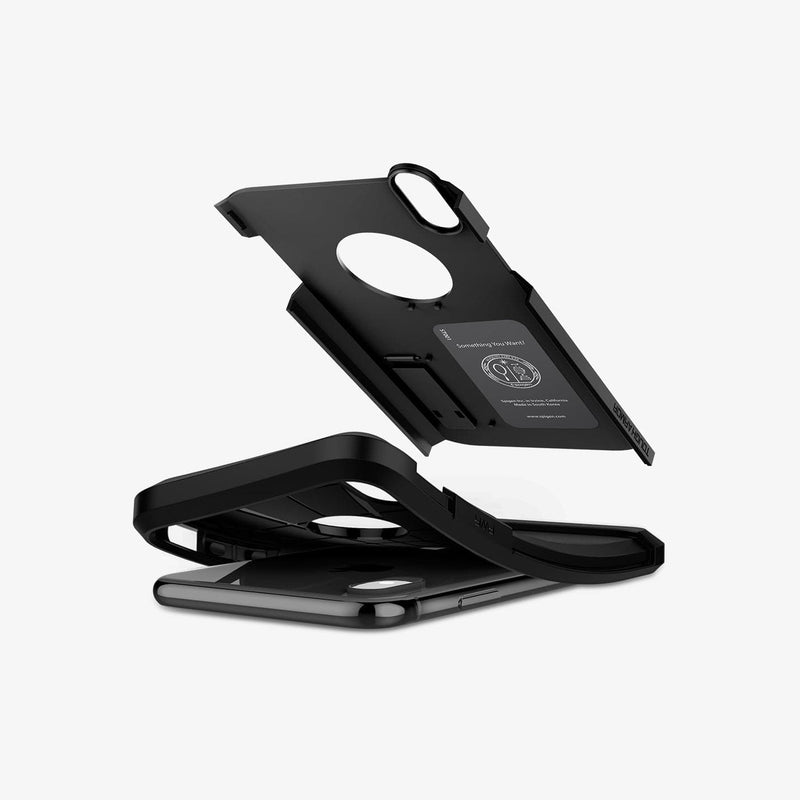 065CS25130 - iPhone XS Max Case Tough Armor in black showing the case bending away from device and hard pc hovering above