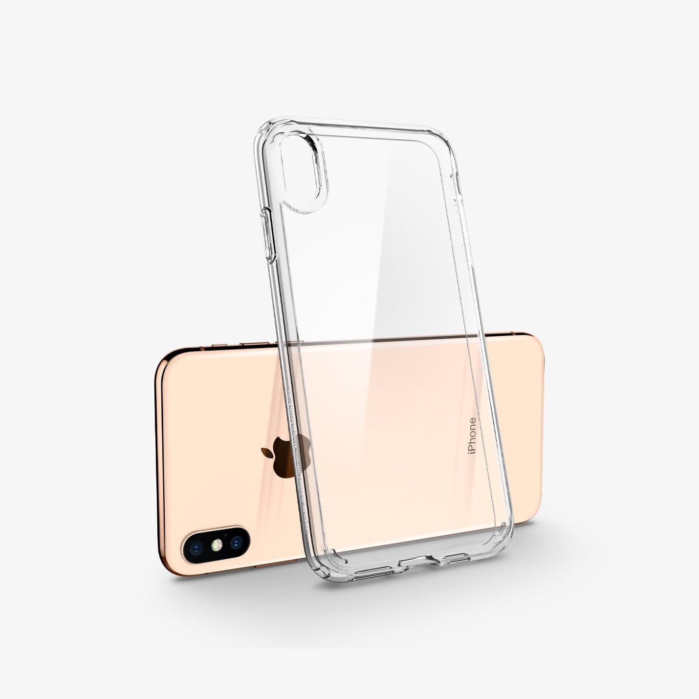 065CS25127 - iPhone XS Max Case Ultra Hybrid in crystal clear showing the case leaning against the device