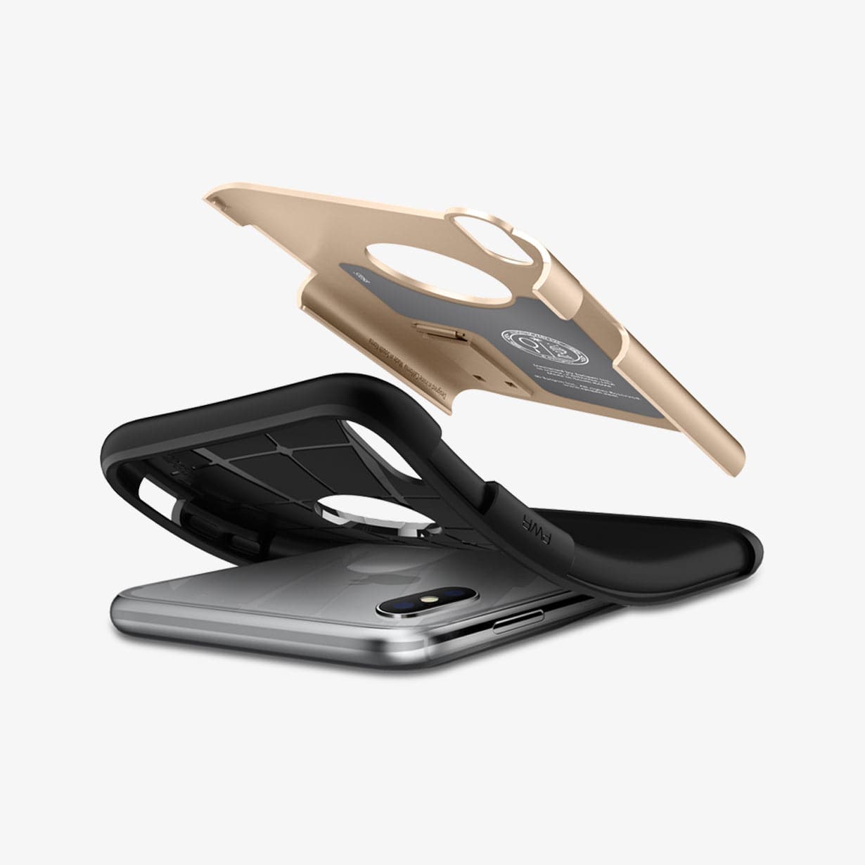 063CS24516 - iPhone XS Case Slim Armor in champagne gold showing the case bending away from device and hard pc hovering above