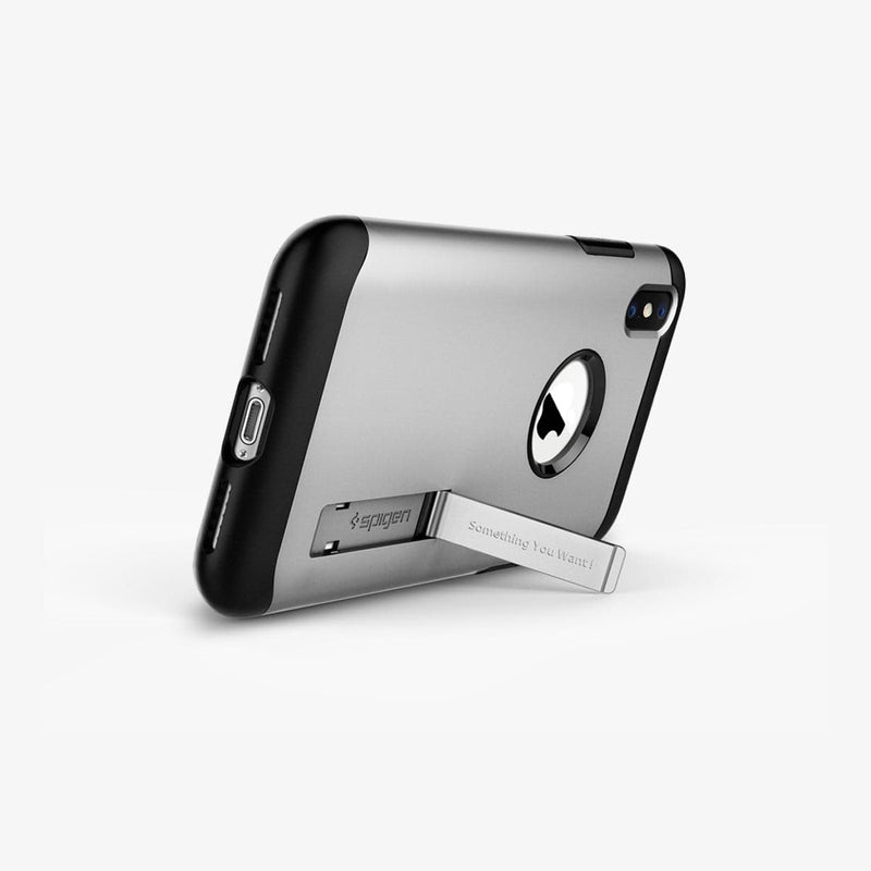 063CS24521 - iPhone XS / X Case Slim Armor in satin silver showing the device propped up by built in kickstand