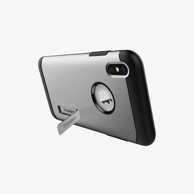 063CS24521 - iPhone XS / X Case Slim Armor in satin silver showing the device propped up horizontally by built in kickstand