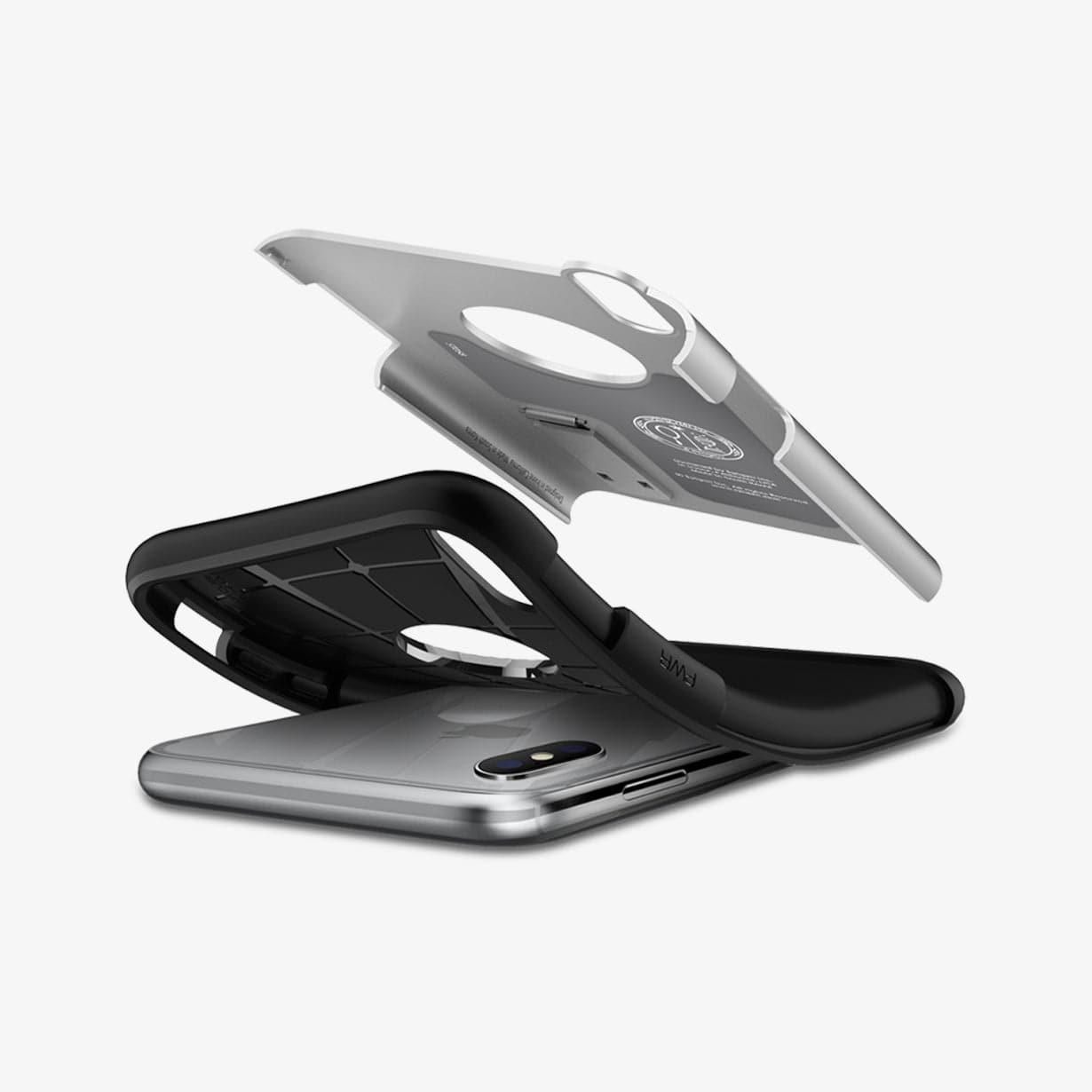 063CS24521 - iPhone XS / X Case Slim Armor in satin silver showing the case bending away from device and hard pc hovering above