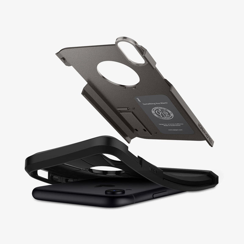 064CS24877 - iPhone XR Case Tough Armor in gunmetal showing the case bending away from device with hard pc hovering above