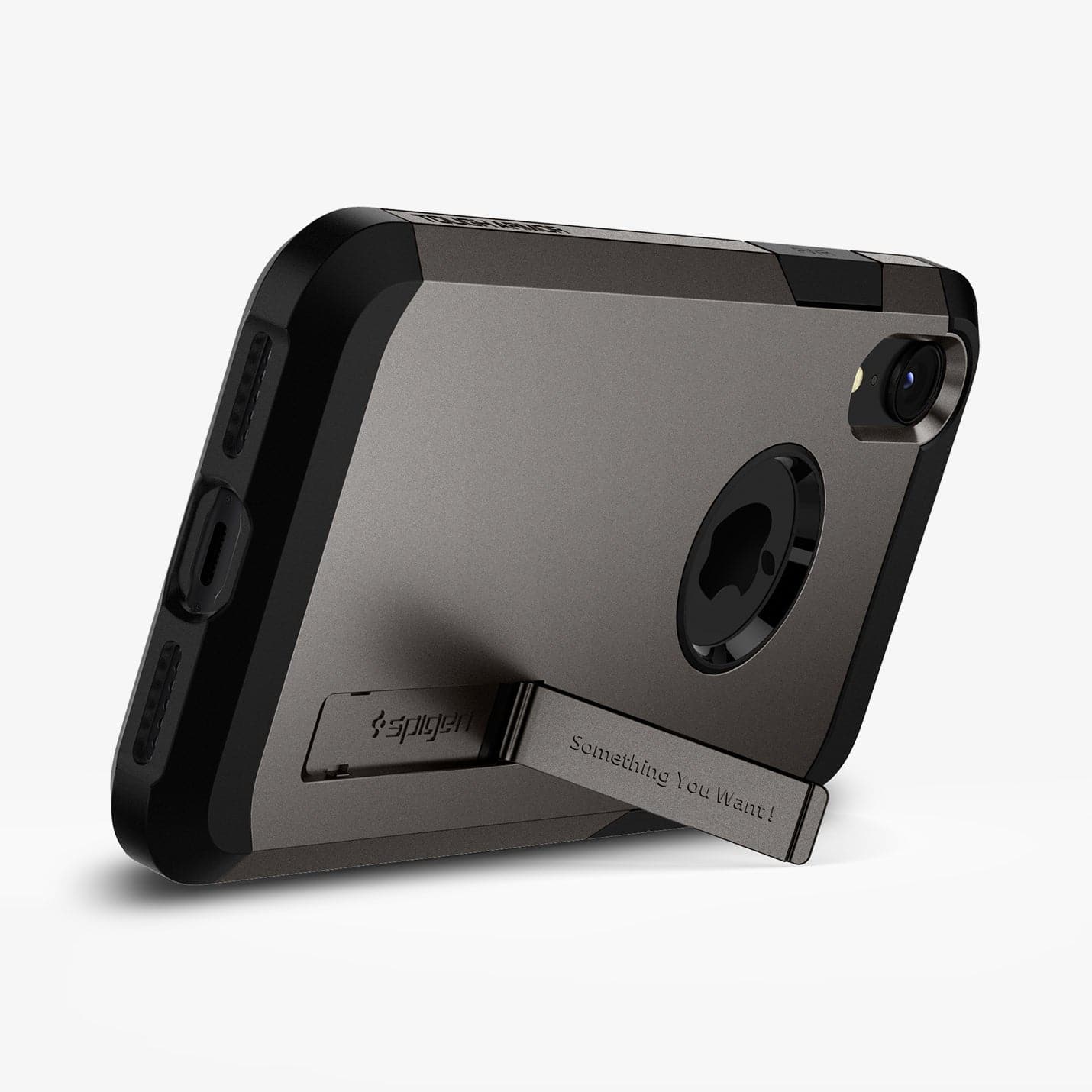 064CS24877 - iPhone XR Case Tough Armor in gunmetal showing the device propped up by built in kickstand