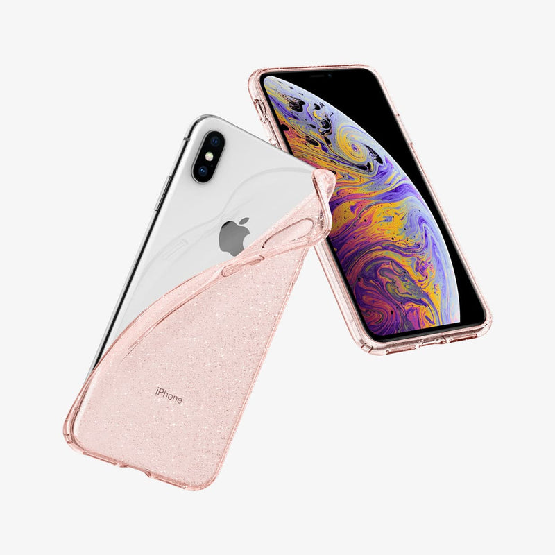 065CS25124 - iPhone XS Max Case Liquid Crystal Glitter in rose quartz showing the back and front with case bending away from device