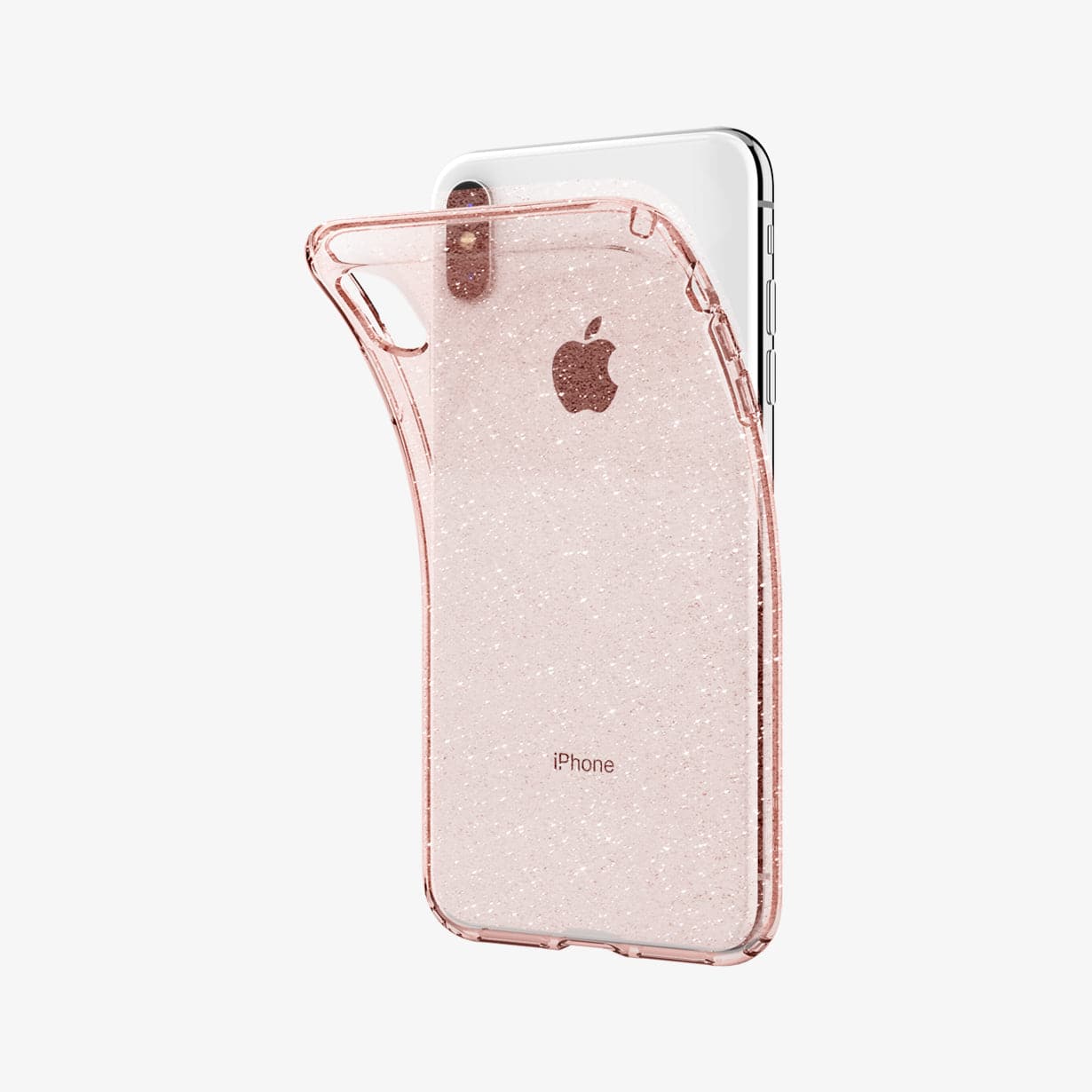 065CS25124 - iPhone XS Max Case Liquid Crystal Glitter in rose quartz showing the back with case bending away from device